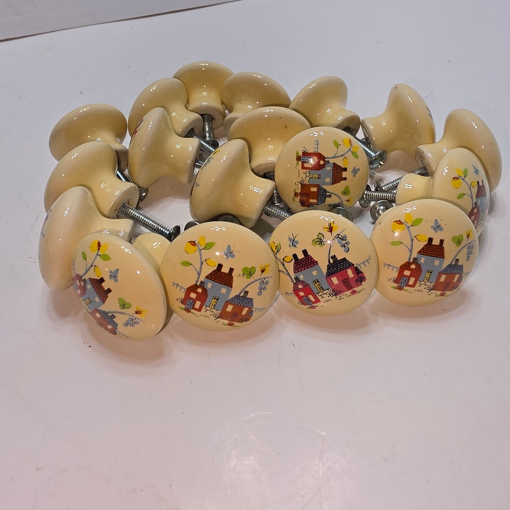 18pc Vtg International Heartland Porcelain Knobs Folk Cabinet Drawer Pulls Cream